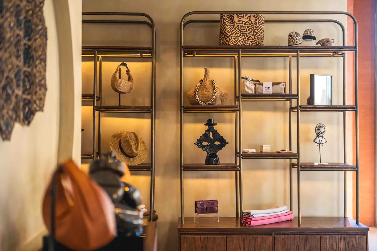 Shelves of curated objects in the lodge boutique