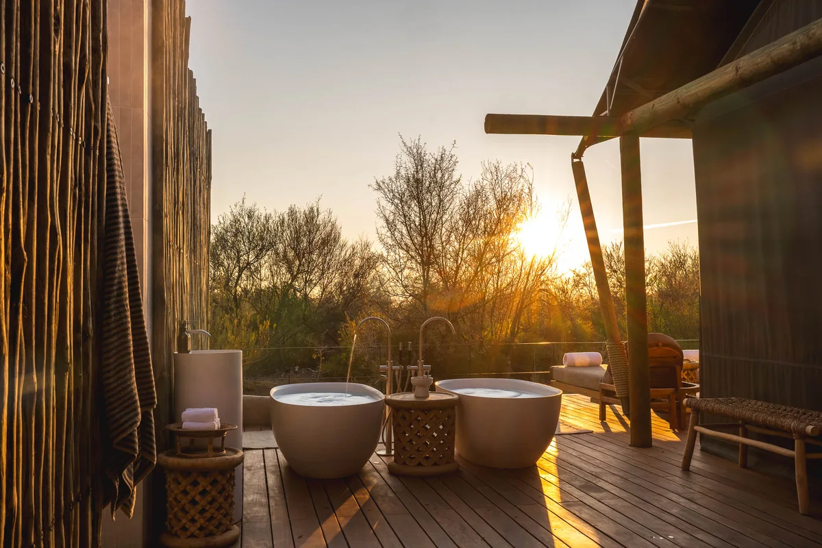 Twin outdoor baths at sunset