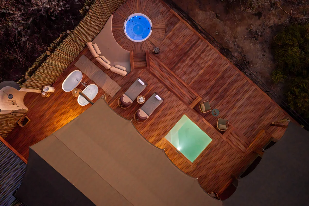 Top-down view of a suite deck with plunge pool and Jacuzzi